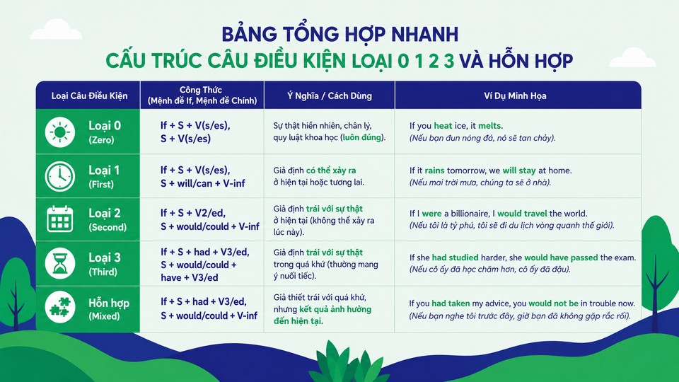 Bảng Tổng Hợp Nhanh Cấu Trúc Câu Điều Kiện Loại 0 1 2 3 Và Hỗn Hợp
