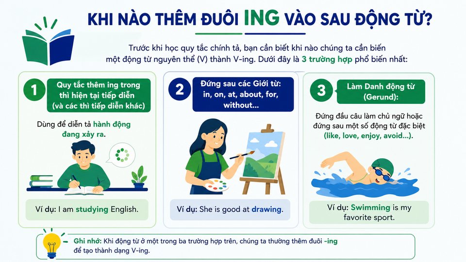 Khi nào thêm đuôi ing vào sau động từ?