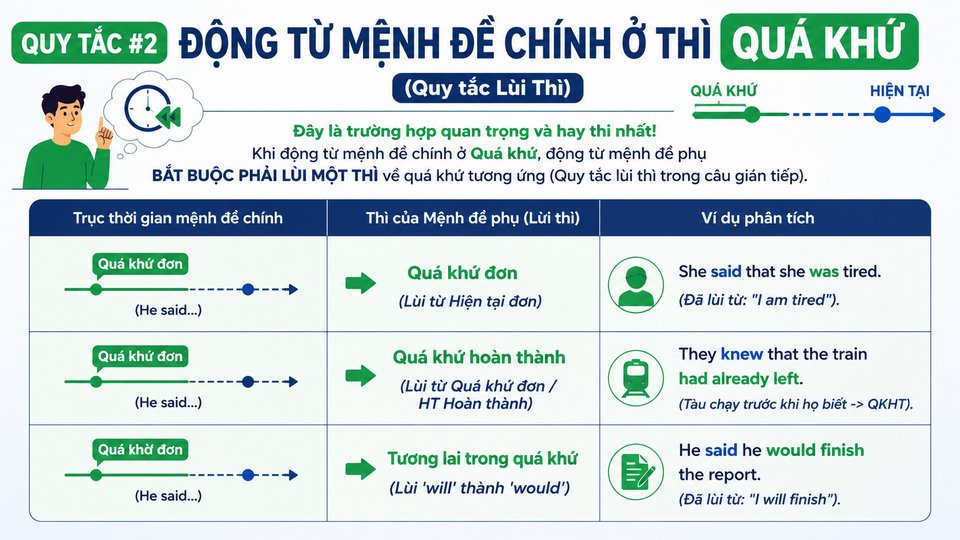 Quy tắc #2: Động từ mệnh đề chính ở thì QUÁ KHỨ (Quy tắc Lùi Thì)